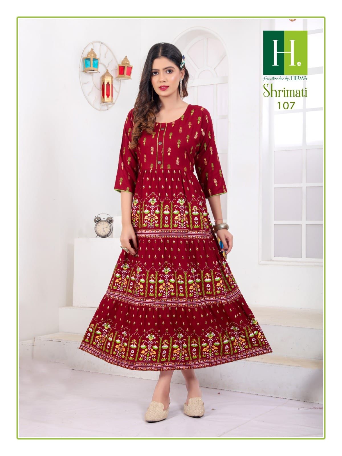 Shrimati Vol 2 By Hirwa Rayon Printed Long Anarkali Kurti Wholesale Shop In Surat
